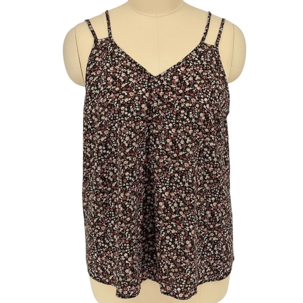 SHEIN Cami Top Black Pink Floral Double Strap V-Neck L